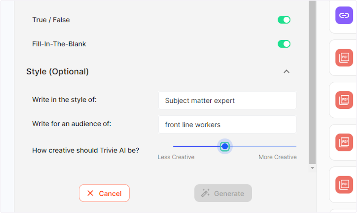 Select how creative the Trivi AI is to be