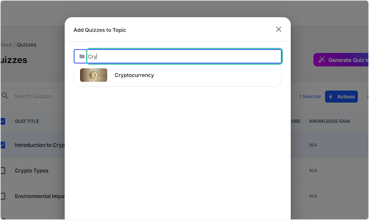Search for the name of the Topic to assign the quiz to