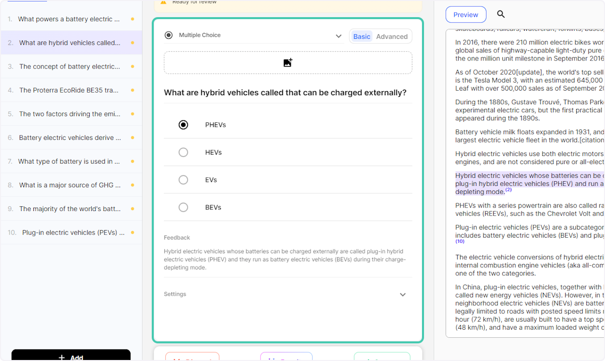Select the question and review the AI generated questions and answers, these will also be highlighted in the source material